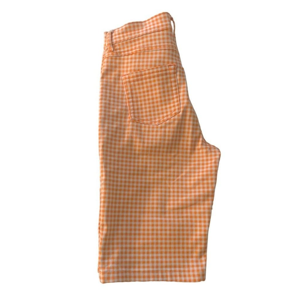 6 DG2 Diane Gilman‎ Women's Orange White Gingham Stretch Denim Shorts
